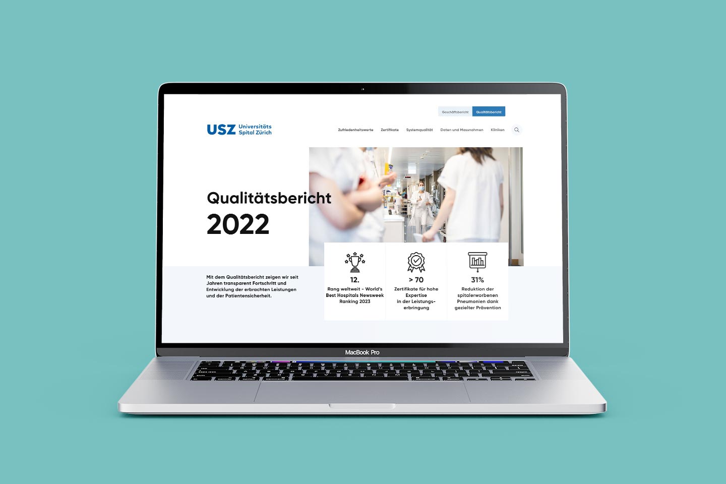 Laptop zeigt die Startseite des Qualitätsbericht des Universitätsspital Zürich.